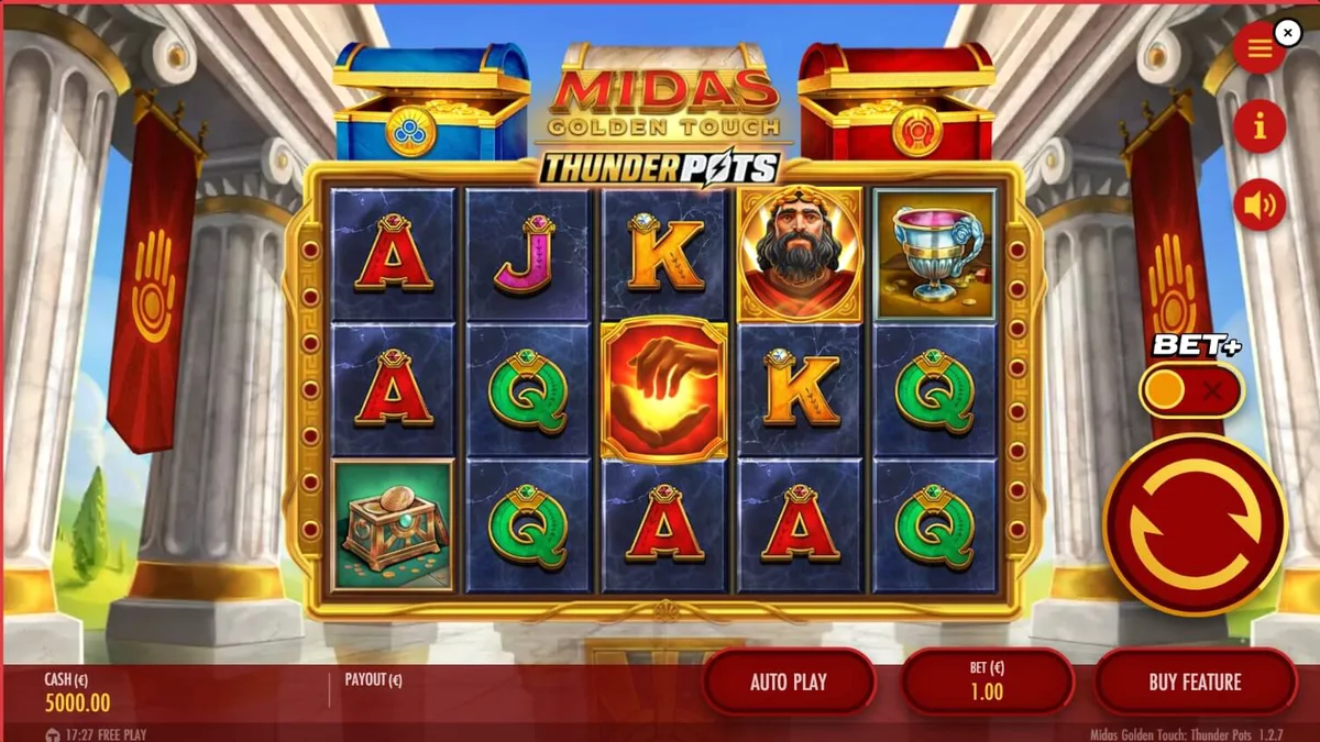 Midas Golden Touch: Thunder Pots slot machine interface with golden theme